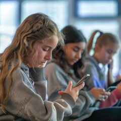 Social media use in classroom with students on phones, illustrating modern learning, digital engagement, and technology integration in education environment. AI generated illustration.