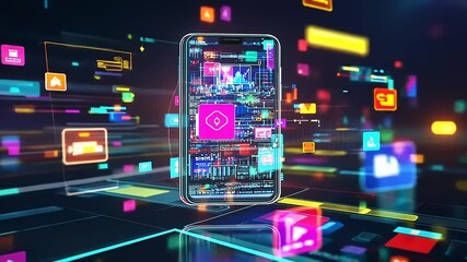 Futuristic smartphone displaying vibrant app icons and data streams in a digital cityscape background - Powered by Adobe