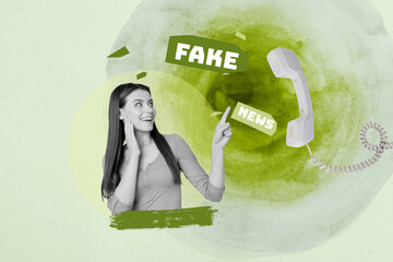 Creative pop collage of person stand near telephone fake news on green background