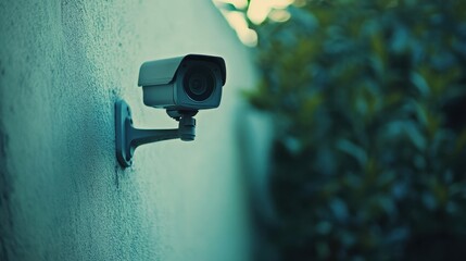 Security camera mounted on a wall, with a blurry bush behind it. Use this for articles about security and crime prevention concepts.