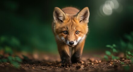 Fototapeta premium Curious red fox cub with bright eyes walking on a forest path in natural habitat