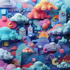 Social media-themed mobile wallpaper with colorful icon clouds, vibrant digital art for phones and devices, modern design for tech lovers and social network users. AI generated illustration.