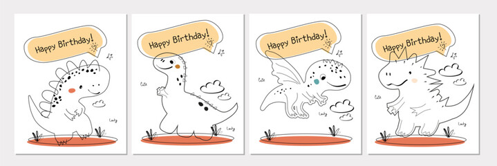 Vector set of funny birthday card with Dinosaurs. Children's card with cute dinosaurs in line style. Dino baby illustration in naive style for coloring book