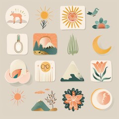 Boho pastel aesthetic story highlight icons set, minimalist and stylish digital design for social media profiles, perfect for branding and personal pages. AI generated illustration.
