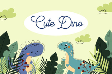 Dinosaur vector clipart. Children's set with cute dinosaurs and various elements. Dino baby colorful background