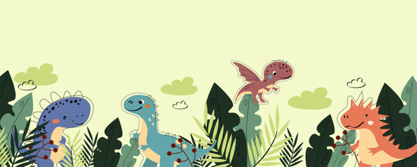 Dinosaur vector clipart. Children's set with cute dinosaurs and various elements. Dino baby colorful background