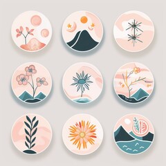 Boho pastel aesthetic story highlight icons set, minimalist and stylish digital design for social media profiles, perfect for branding and personal pages. AI generated illustration.