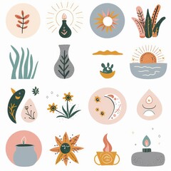 Boho pastel aesthetic story highlight icons set, minimalist and stylish digital design for social media profiles, perfect for branding and personal pages. AI generated illustration.