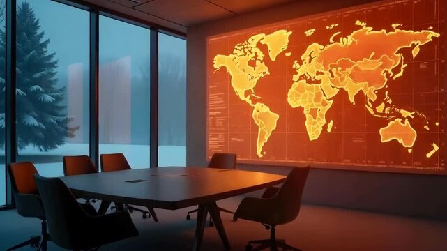A data strategy visualized as a complex ecosystem of data lakes and streams, projected onto a holographic display in a clean, minimalist boardroom on a foggy winter day