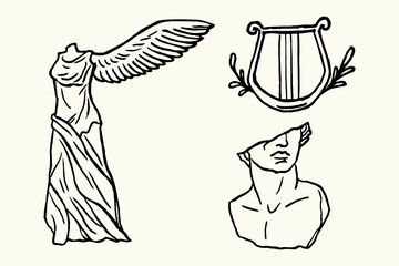 Greek sculpture set ink sketch vector illustration