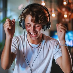 Teen with headphones dancing joyfully to music app, vibrant social feed background, colorful digital art capturing youth culture and modern technology vibes. AI generated illustration.