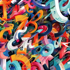 Typography-based digital art featuring bold, colorful hashtag words and modern design elements, perfect for social media and digital marketing themes. AI generated illustration.