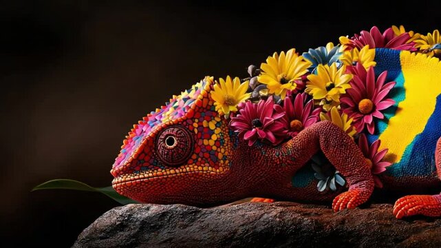 Colorful chameleon adorned with vibrant flowers resting on a rock in a dark, serene setting