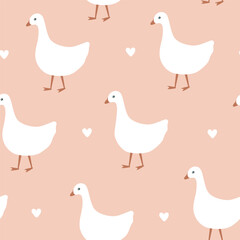 Cute and delicate seamless nursery pattern with geese and hearts. Pink background. Vector illustration.