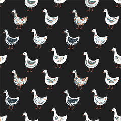 Cute abstract painted cartoon geese seamless pattern. Doodle patterned goose collection. Rustic, nursery, folk, or Scandinavian style. Vector background