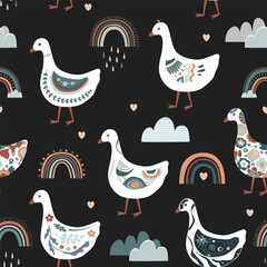 Cute abstract painted cartoon geese seamless pattern. Doodle patterned goose collection. Rustic, nursery, folk, or Scandinavian style. Vector background