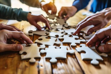 Hands join puzzle pieces,  putting the jigsaws team together, business concept