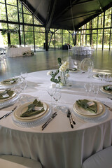Formal dining table with elegantly arranged glassware, plates, and green napkins. Central floral arrangement features white roses and candles, creating a refined atmosphere.