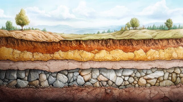 Illustration of the earth's crust, revealing multiple layers with different textures. Perfect for geology textbooks, science materials, or educational presentations.