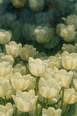 Field of White Tulips &ndash; Watercolor Style, AI Enhanced Floral Art

