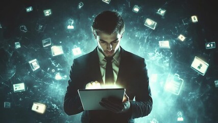 Young man in suit using futuristic augmented reality tablet with floating digital icons - Powered by Adobe