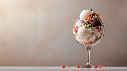 A clear wine glass filled with scoops of vanilla and chocolate ice cream, adorned with an assortment of colorful candy decorations on the beige background.