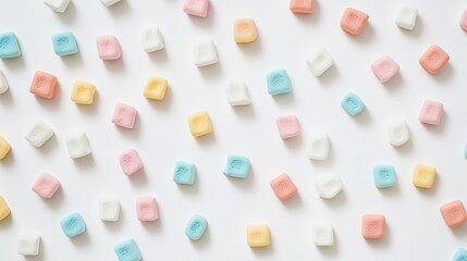 A collection of pastel-colored marshmallows scattered randomly on a white surface.