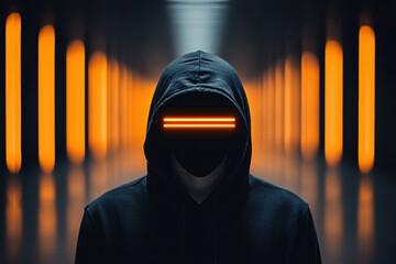 A mysterious figure in a dark hoodie stands in a futuristic corridor, illuminated by vibrant orange lights.