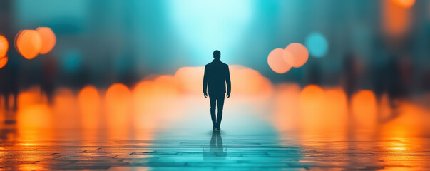 urban loneliness visualized as crowded street with one dim-lit figure