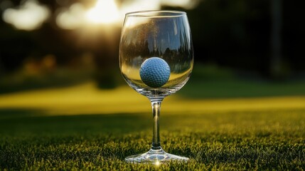 Golf ball inside a wine glass on green grass during golden hour. Ideal to show golfing after party, or a golfing lifestyle theme.