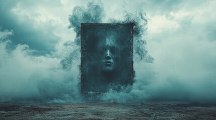 A surreal scene depicting a spectral face emerging from a mysterious doorway amidst dark clouds and ethereal smoke.