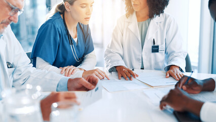 Naklejka na ściany i meble Healthcare, doctors and nurses with documents in meeting, diagnosis feedback and collaboration. Teamwork, employees and surgeon with paperwork for medical treatment, planning and talking in clinic