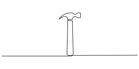 Continuous single one line drawing of hammer construction handyman tool and judge law vector illustration, Hammer one continuous single line art drawing, One line drawing of judge hammer law symbol.