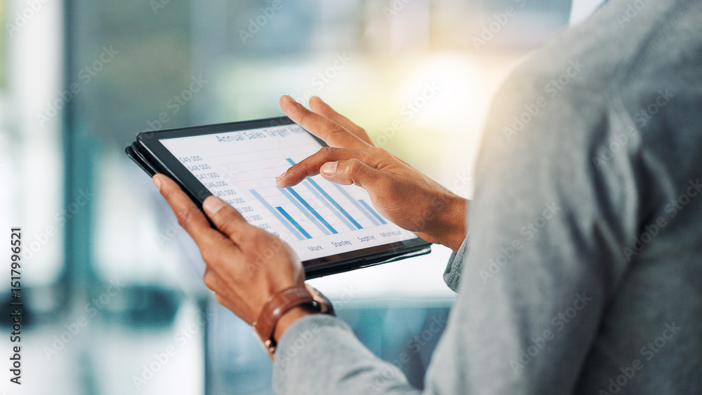 Aufkleber Hands, business person and tablet screen for sales performance review, metrics and stats. Tech, closeup and worker with data analysis for finance, kpi or annual target comparison with graph in office