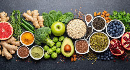 Flat Lay of Superfoods and Clean Eating Ingredients for a Healthy Diet