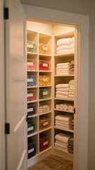 Visually calming organized shelf space with clean lines, rolled towels, and transparent containers for easy access