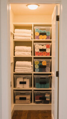 A perfectly optimized home linen closet with transparent bins, symmetry, and a soothing visual sense of order