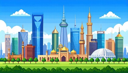 Obraz premium Pixel Art Cityscape Skyline With Modern Buildings And Mosques