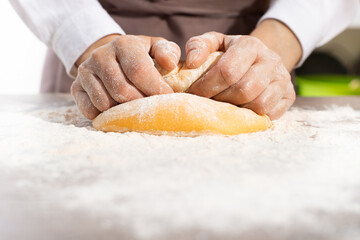 Baking concept. Caucasian female hands kneading the dough.