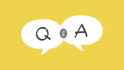 Two overlapping white speech bubbles contain the letters Q and A with an ampersand in the middle, set on a yellow background.