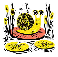 Modern Hand-Drawn Illustration of a Vibrant Snail in Natural Setting