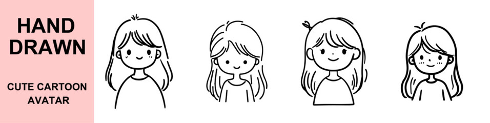 Hand Drawn Cute Cartoon Girl Avatar Character Faces with Long Hair and Smiling Expressions Doodle Style Vector Line Art Illustration

