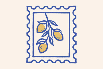 Obraz premium Lemon branch in stamp frame naive sketch vector illustration