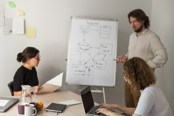 Three software developers brainstorming in a modern office. Team coding session with laptops...