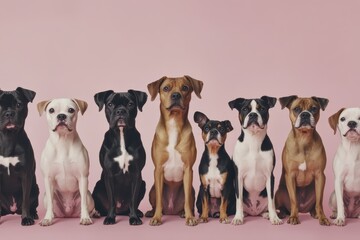 Fototapeta premium Group of adorable dogs sitting against a pink background