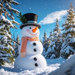 Obraz premium A cheerful snowman wearing a black top hat and orange scarf smiles brightly in a snowy landscape. Evergreen trees surround the scene under a clear blue sky, creating a magical holiday atmosphere
