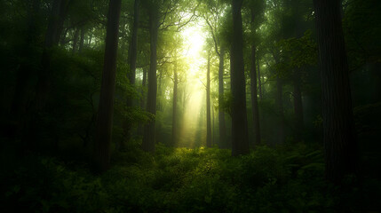 Fototapeta premium Sunlight Filtering Through Misty Forest