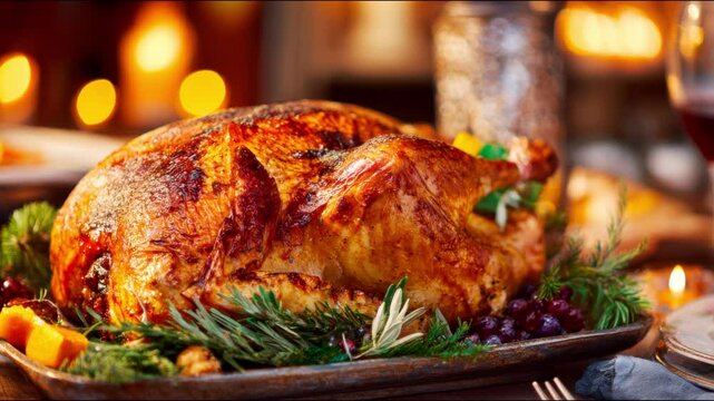 Roasted turkey with vegetables, symbolizing a festive and abundant meal.