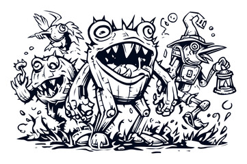 Hand-Drawn Modern Illustration of Quirky Creatures in a Fantasy Setting