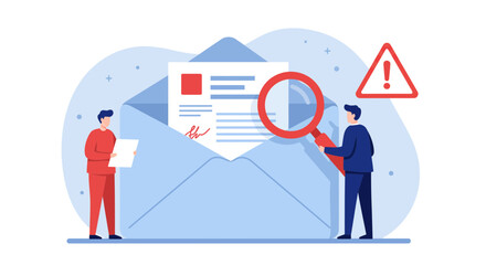 A digital illustration depicts two small-scale human figures interacting with an oversized light blue envelope